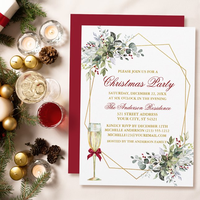 Invitation Aquarelle Vert Berries Noël Or Rouge (Customize to change text color, size, style or to change color of back of card.)