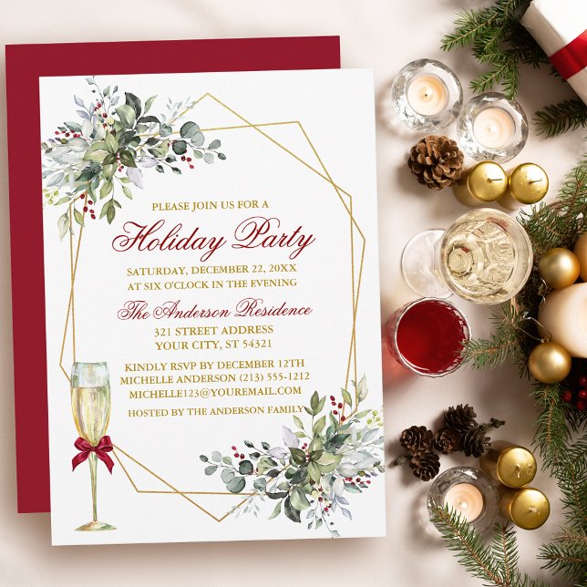 Invitation Aquarelle Vert Berries Vacances Or Rouge (Customize to change text color, size, style or to change color of back of card.)
