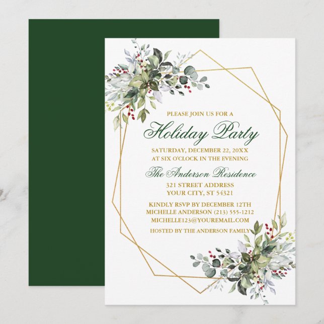 Invitation Aquarelle Vert Berries Vacances Vert Or (Devant / Derrière)