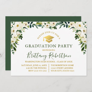 Invitation Aquarelle Vert Blanc Floral Gold Grad Party