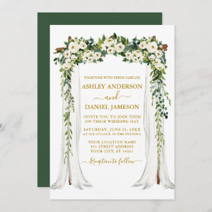 Invitation Aquarelle Vert Blanc Floral Mariage Canopée Or