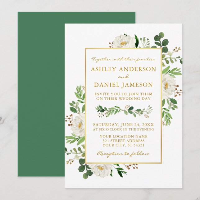 Invitation Aquarelle Vert Blanc Floral Mariage Or (Devant / Derrière)