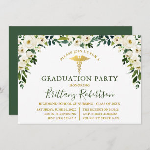 Invitation Aquarelle Vert Blanc Floral Médicale Grad Party