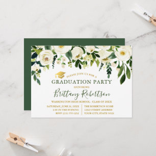 Invitation Aquarelle Vert Blanc Floral Parti de Graduation