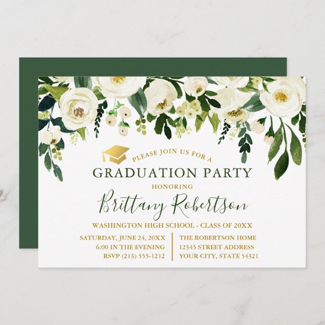 Invitation Aquarelle Vert Blanc Floral Parti de Graduation (Devant / Derrière)