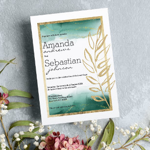 Invitation Aquarelle vert blanc or parties scintillant mariag