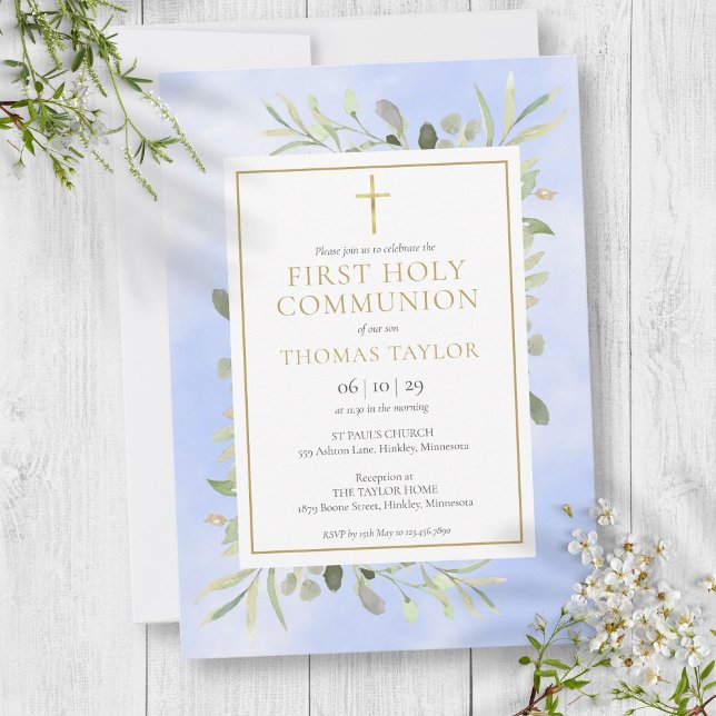 Invitation Aquarelle Vert Bleu Première Sainte Communion (Watercolor Greenery Blue First Holy Communion Invitation)