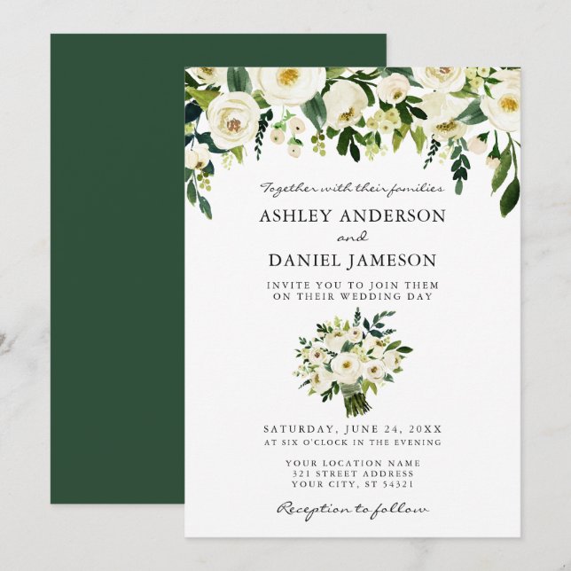 Invitation Aquarelle Vert Bouquet Floral Mariage élégant (Devant / Derrière)