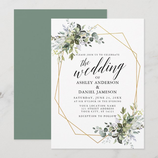 Invitation Aquarelle Vert Calligraphie Geo Sage Vert (Devant / Derrière)