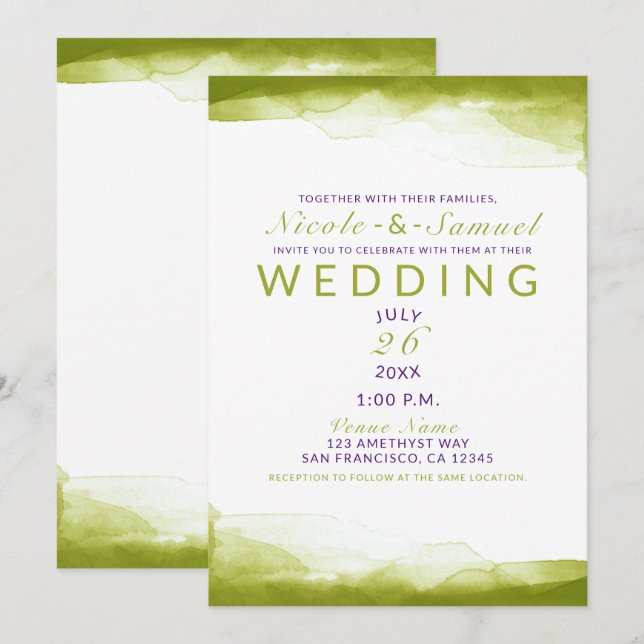 Invitation Aquarelle Vert Chartreuse Mariage Moderne Chic (Devant / Derrière)