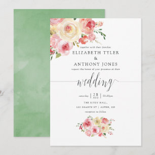 Invitation Aquarelle vert clair et gris Mariage floral