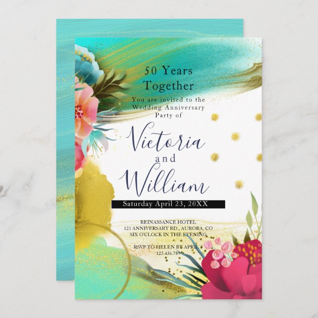 Invitation Aquarelle Vert Clair Or Rose 50e Anniversaire (Devant / Derrière)
