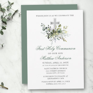 Invitation Aquarelle vert Communion Sage vert argent