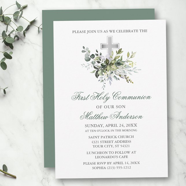 Invitation Aquarelle vert Communion Sage vert argent (Customize to change text color, size, style or to change color of back of card.)