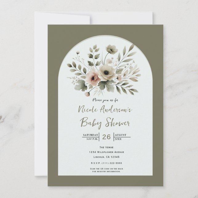 Invitation Aquarelle vert d'olive kaki Baby shower floral (Devant)