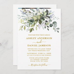 Invitation Aquarelle Vert Dusty Bleu Photo Mariage Or