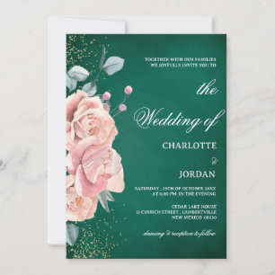 Invitation Aquarelle Vert Émeraude Et Mariage Rose