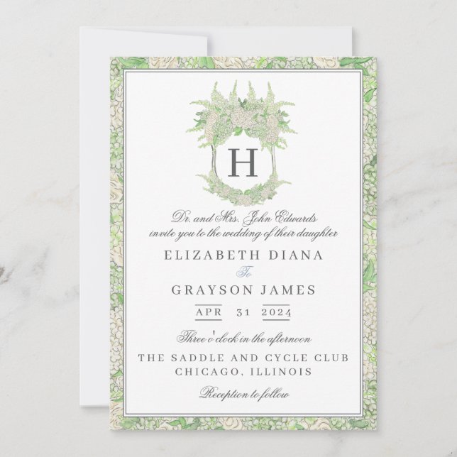 Invitation Aquarelle vert et blanc Mariage de crête d'Hydrang (Devant)