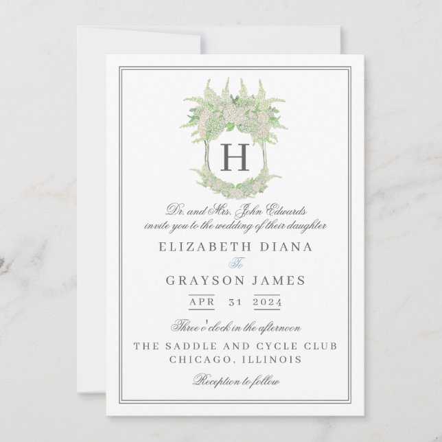 Invitation Aquarelle vert et blanc Mariage de crête d'Hydrang (Devant)