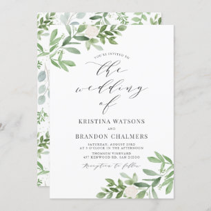 Invitation Aquarelle Vert et Fleurs blanches Mariage gris