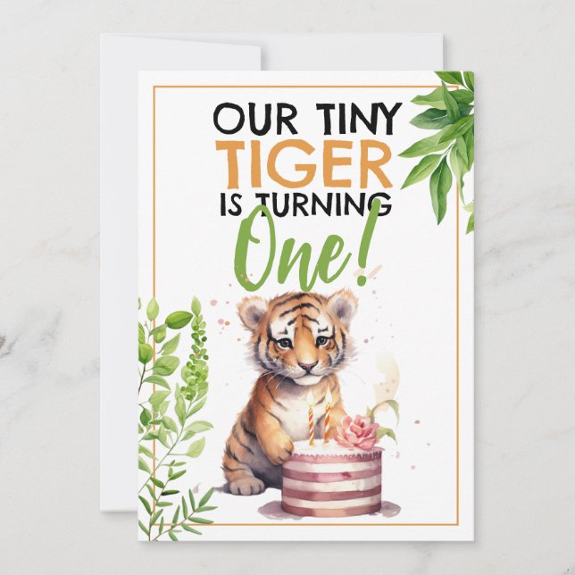 Invitation Aquarelle Vert et Orange Cute Kids Tiger (Devant)