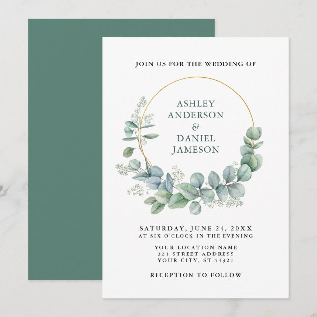Invitation Aquarelle vert Eucalyptus Mariage or (Devant / Derrière)