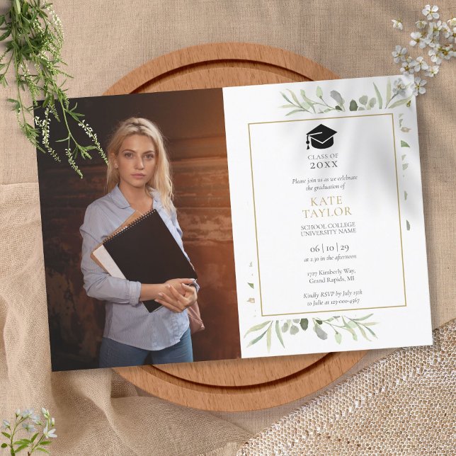 Invitation Aquarelle Vert Feuille Graduation Party Photo (Créateur téléchargé)