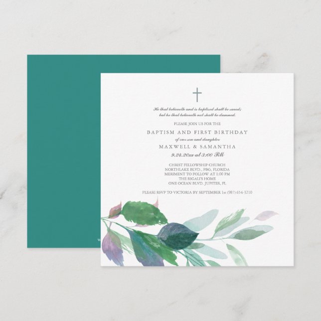 Invitation Aquarelle Vert Feuille jumeaux Baptême (Devant / Derrière)