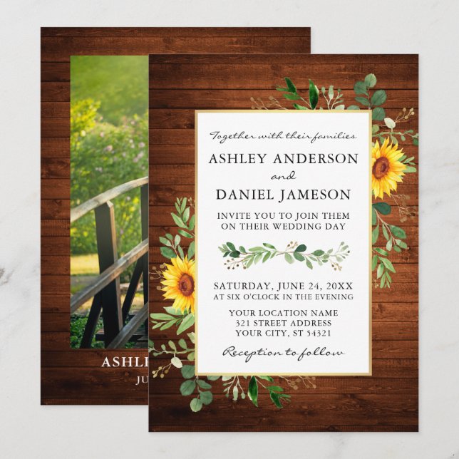 Invitation Aquarelle Vert Fleurs de soleil Bois Mariage photo (Devant / Derrière)