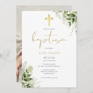 Invitation Aquarelle Vert Floral Or Baptême Photo