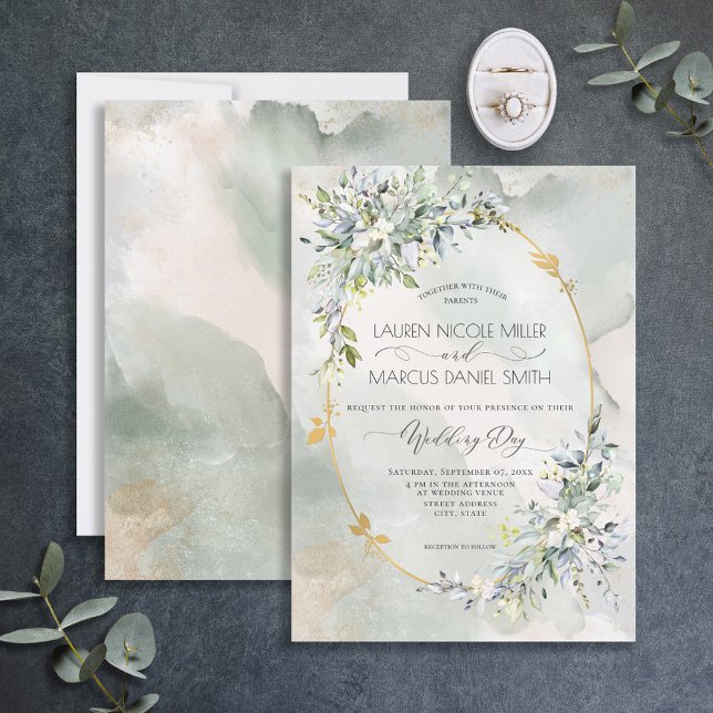 Invitation Aquarelle Vert Floral Or Oval Frame (Créateur téléchargé)