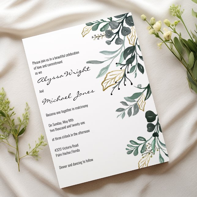 Invitation Aquarelle vert foncé Mariage du feuillage botaniqu (Watercolor dark green gold botanic foliage Wedding )