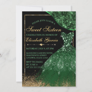 Invitation Aquarelle vert foncé Robe & bordure vague Sweet 16