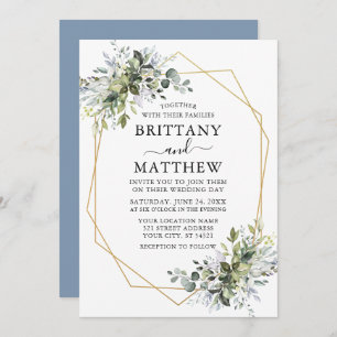 Invitation Aquarelle Vert Geo Cadre Mariage Dusty Blue