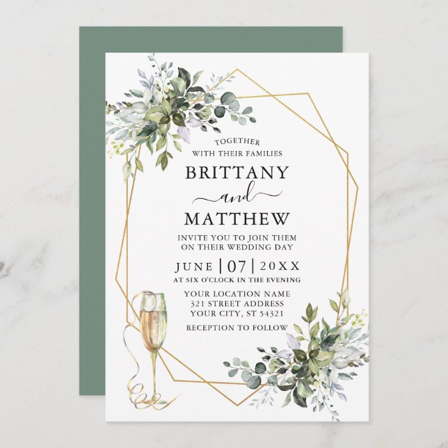 Invitation Aquarelle Vert Geo Cadre Verre Sage Vert (Devant / Derrière)