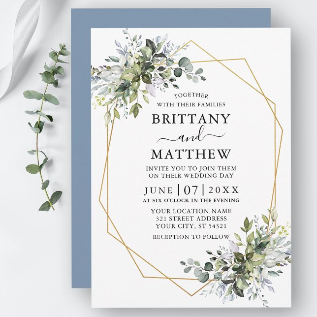 Invitation Aquarelle Vert Geo Frame Dusty Blue Mariage (Customize to change text color, style, add text & photos to back or change color of back of card.)