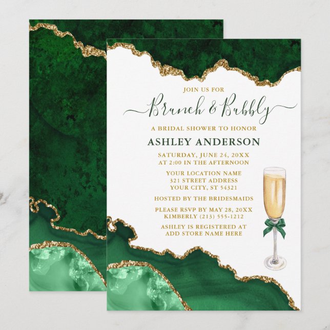 Invitation Aquarelle Vert Marbre Or Géode Bridal Brunch (Devant / Derrière)