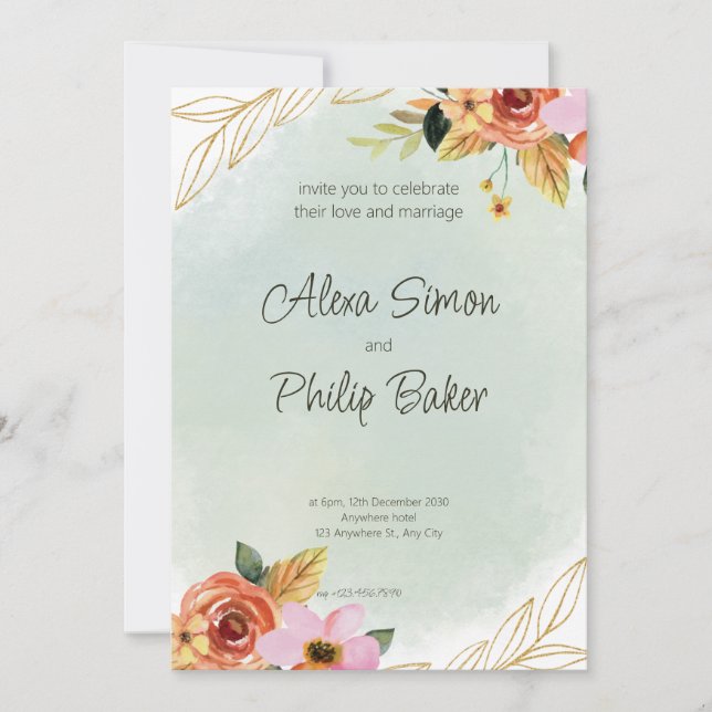 Invitation Aquarelle vert Mariage Floral (Devant)
