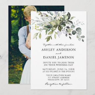 Invitation Aquarelle vert Mariage Photo Retour