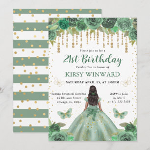 Invitation Aquarelle Vert & Or Anniversaire Princesse