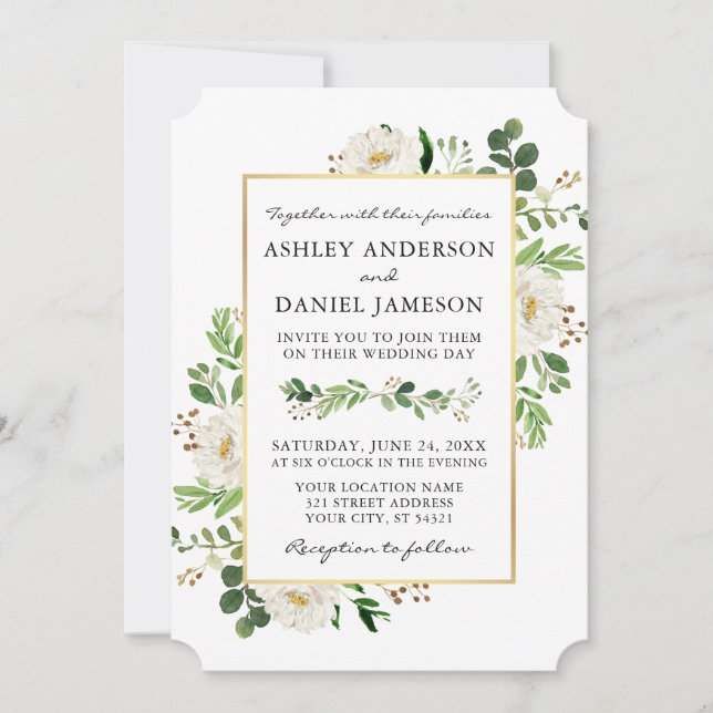 Invitation Aquarelle Vert Or Blanc Floral Mariage (Devant)