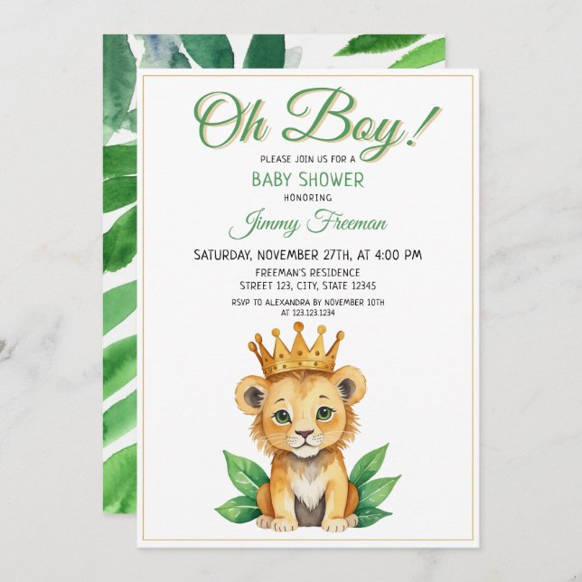Invitation Aquarelle Vert & Or Cute Baby shower Lion (Devant / Derrière)