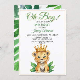 Invitation Aquarelle Vert & Or Cute Baby shower Lion