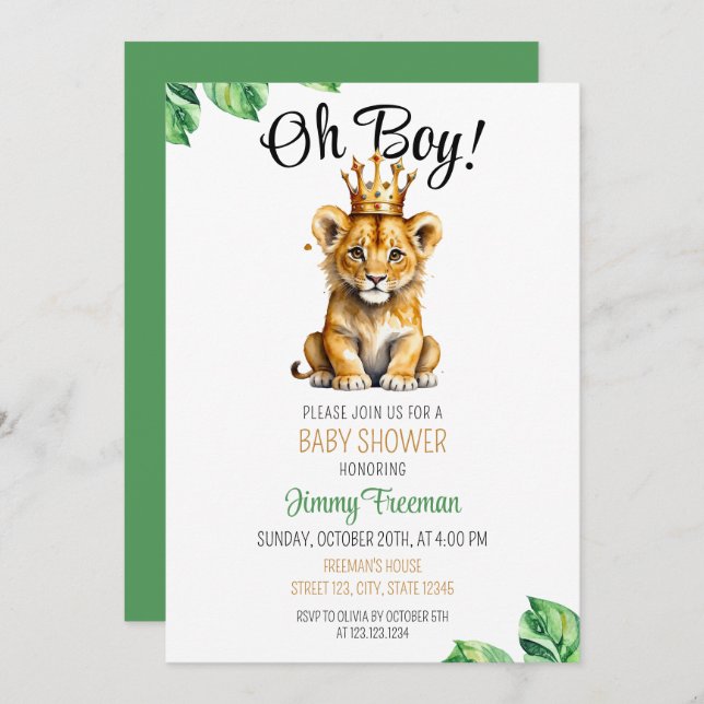 Invitation Aquarelle Vert & Or Cute Baby shower Lion (Devant / Derrière)