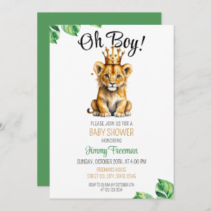 Invitation Aquarelle Vert & Or Cute Baby shower Lion