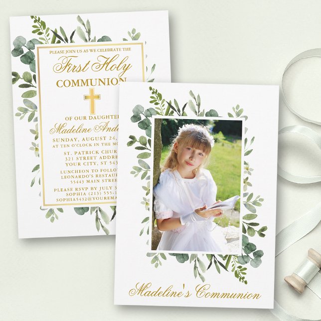 Invitation Aquarelle Vert Or Première Communion Photo (Customize to change text color, size or style.)