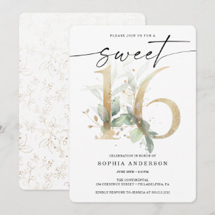 Invitation Aquarelle Vert Or Sweet 16 Anniversaire
