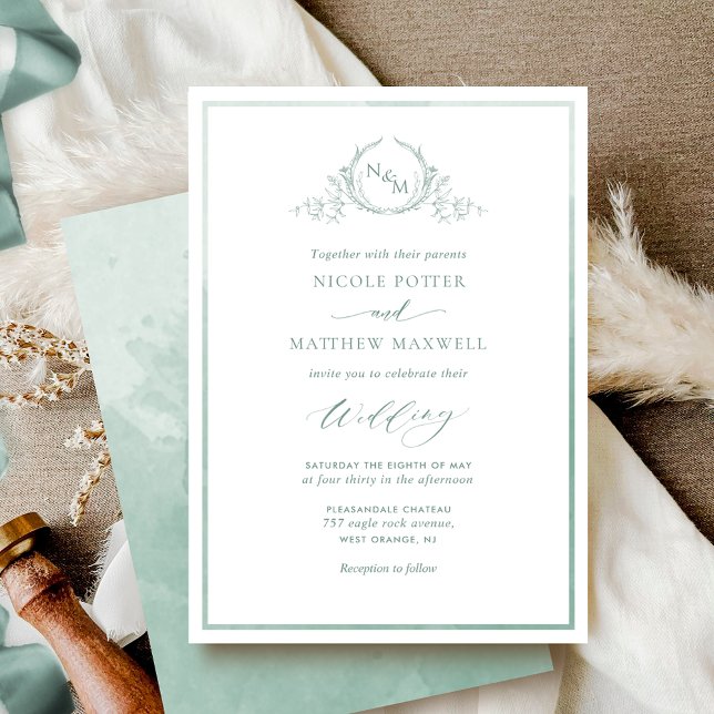 Invitation Aquarelle vert pâle, Mariage monogramme élégant (Créateur téléchargé)