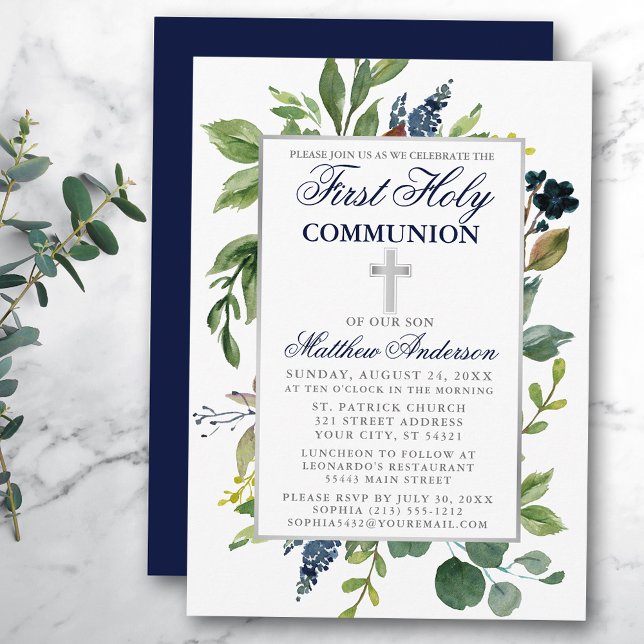 Invitation Aquarelle Vert Première Sainte Communion Bleu (Customize to change text color,  size, style or to change color of back of card.)