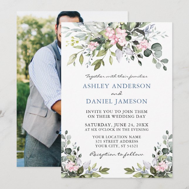 Invitation Aquarelle vert rose Dusty bleu Mariage photo (Devant / Derrière)